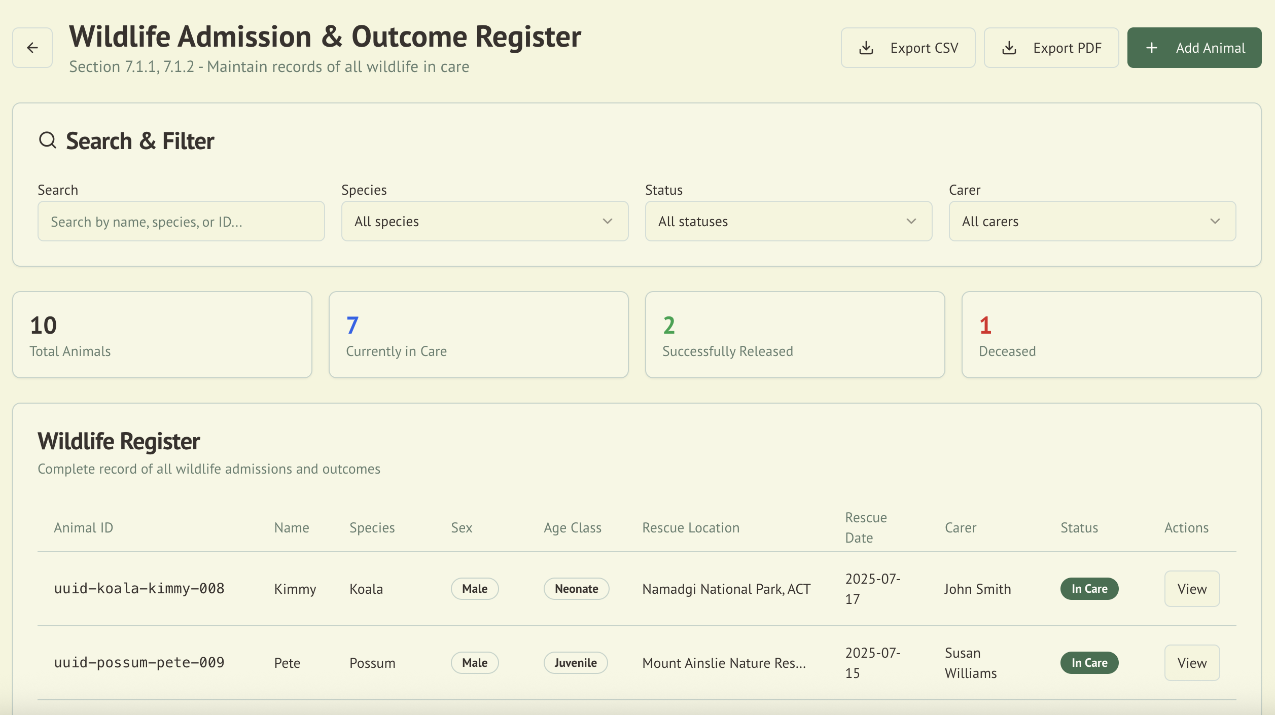 Wildlife Admission Register